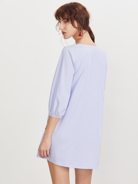 Striped Button Front Lantern Sleeve Embroidered Dress