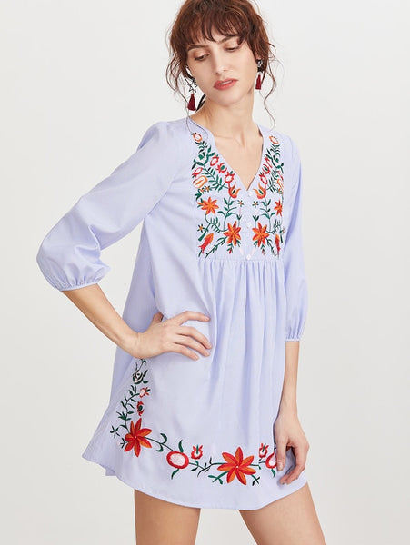 Striped Button Front Lantern Sleeve Embroidered Dress