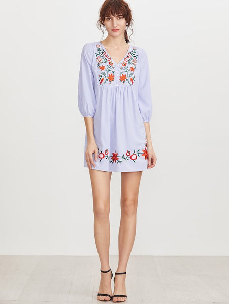 Striped Button Front Lantern Sleeve Embroidered Dress