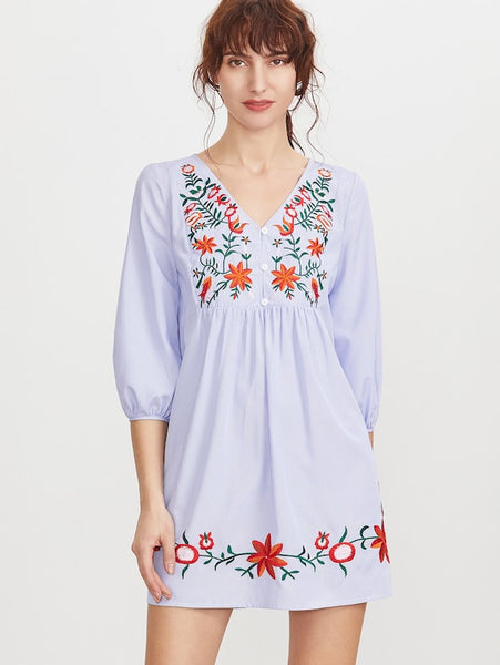 Striped Button Front Lantern Sleeve Embroidered Dress