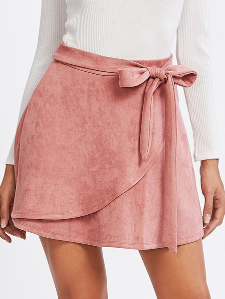 Self Belted Wrap Suede Skirt