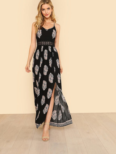 Lace Waist Split Front Cami Dress