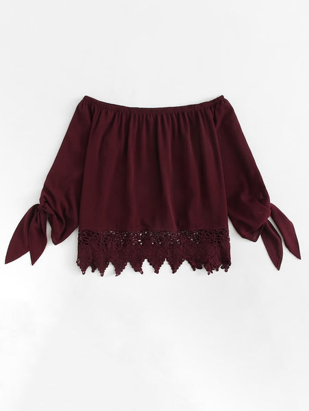 Off Shoulder Lace Hem Knot Sleeve Top