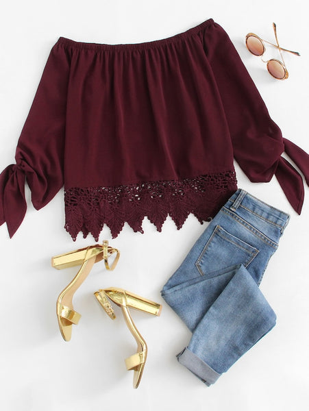 Off Shoulder Lace Hem Knot Sleeve Top