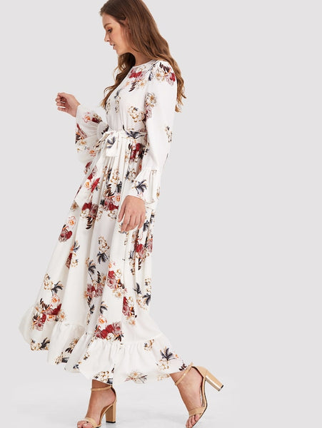 Ruffle Cuff & Hem Belted Floral Dress