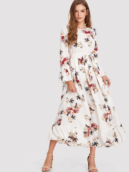 Ruffle Cuff & Hem Belted Floral Dress