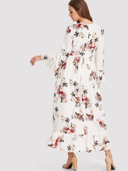 Ruffle Cuff & Hem Belted Floral Dress