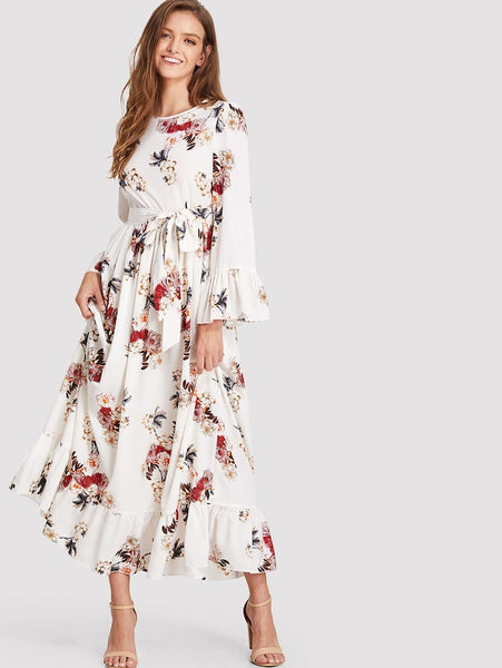 Ruffle Cuff & Hem Belted Floral Dress