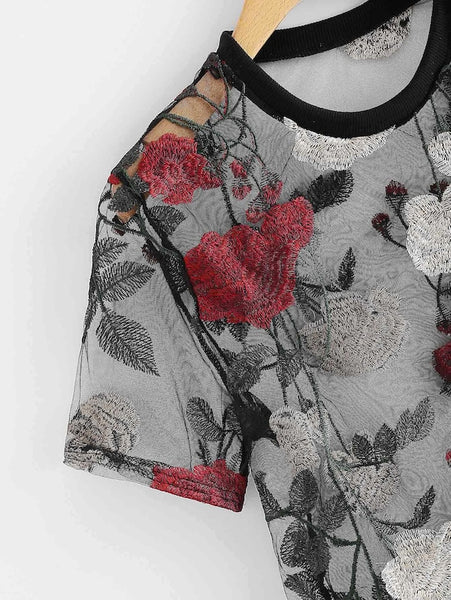 Mesh Floral Embroidered Crop Top