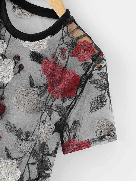 Mesh Floral Embroidered Crop Top