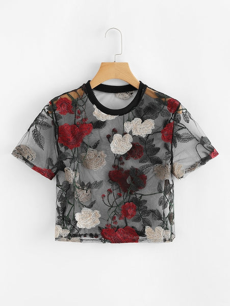 Mesh Floral Embroidered Crop Top