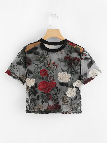 Mesh Floral Embroidered Crop Top