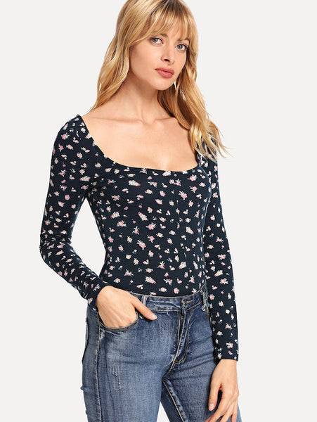 Floral Print Square Neck Tee