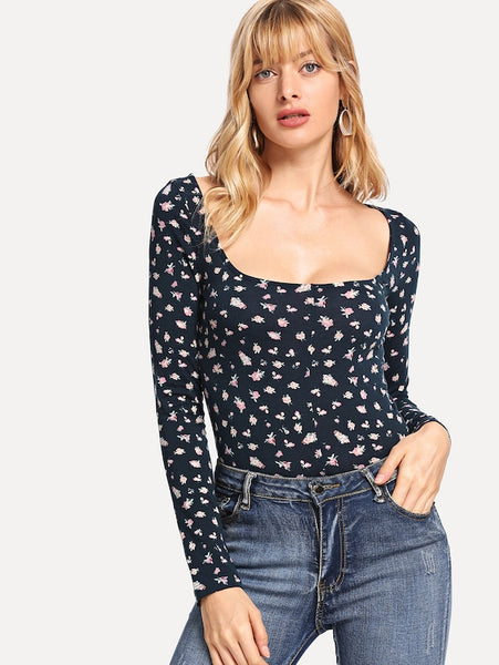 Floral Print Square Neck Tee