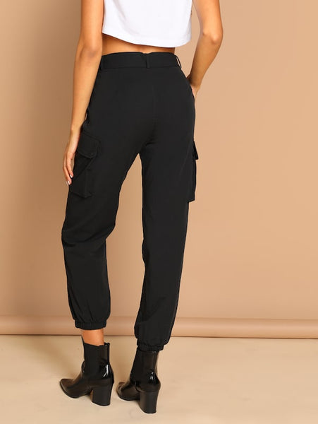 Slant Pocket Elastic Hem Solid Utility Pants