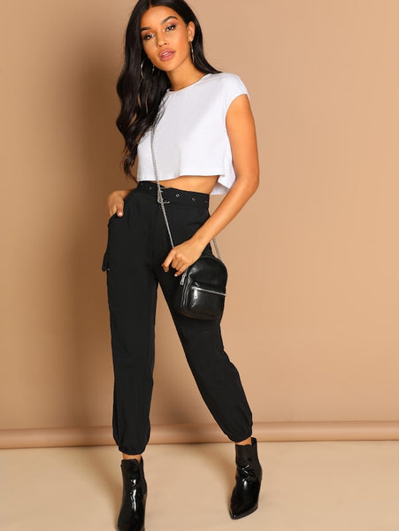 Slant Pocket Elastic Hem Solid Utility Pants