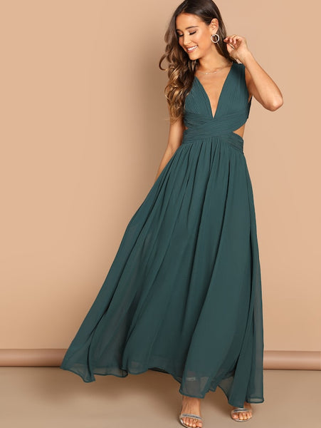 Plunge Neck Crisscross Waist Prom Dress