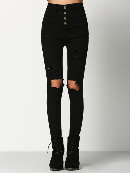 Knee Rips Button Fly Skinny Jeans