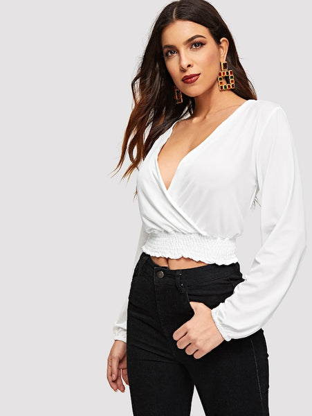 Surplice Neck Shirred Hem Blouse