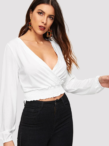 Surplice Neck Shirred Hem Blouse