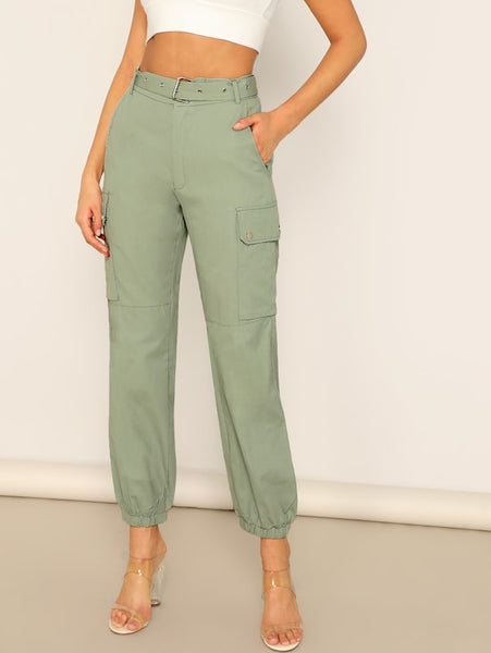Slant Pocket Elastic Hem Solid Utility Pants