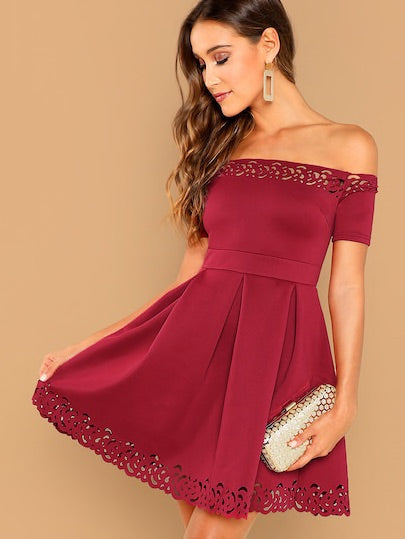 Off Shoulder Laser Cut Fit & Flare Dress