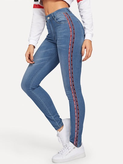 Lettering Tape Detail Bleach Wash Jeans