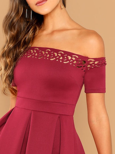 Off Shoulder Laser Cut Fit & Flare Dress