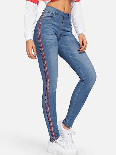Lettering Tape Detail Bleach Wash Jeans