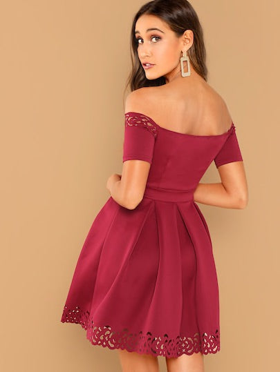 Off Shoulder Laser Cut Fit & Flare Dress