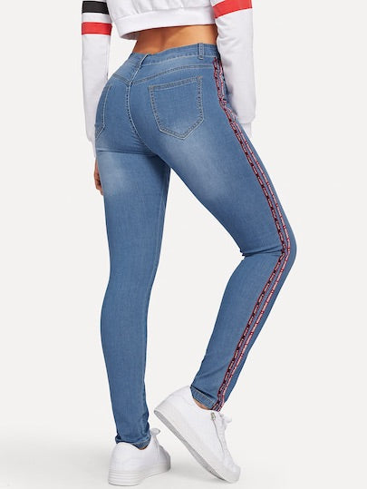 Lettering Tape Detail Bleach Wash Jeans